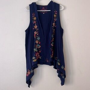 Johnny Was Navy Sleeveless Embroidered Coverup Top Size Medium Women’s Cotton